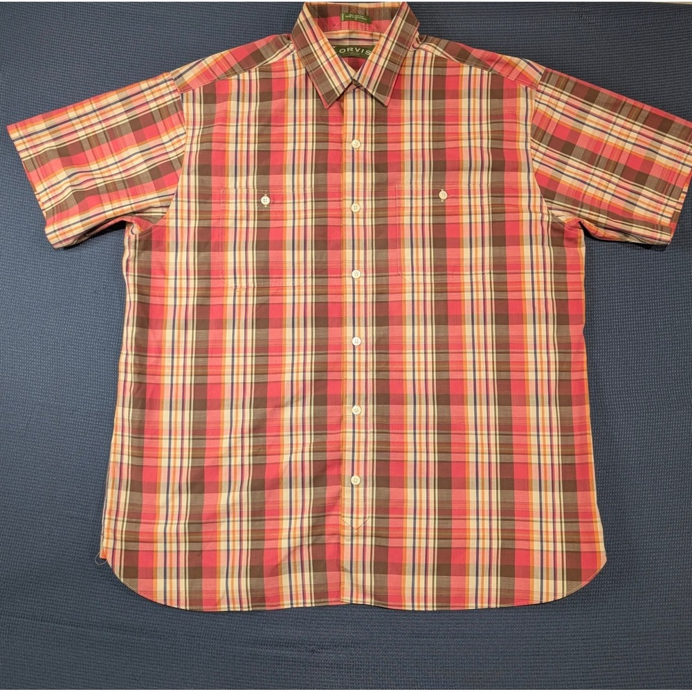 Orvis Mens XL Short Sleeve Plaid Button Down Shirt Red Brown Cotton Pockets